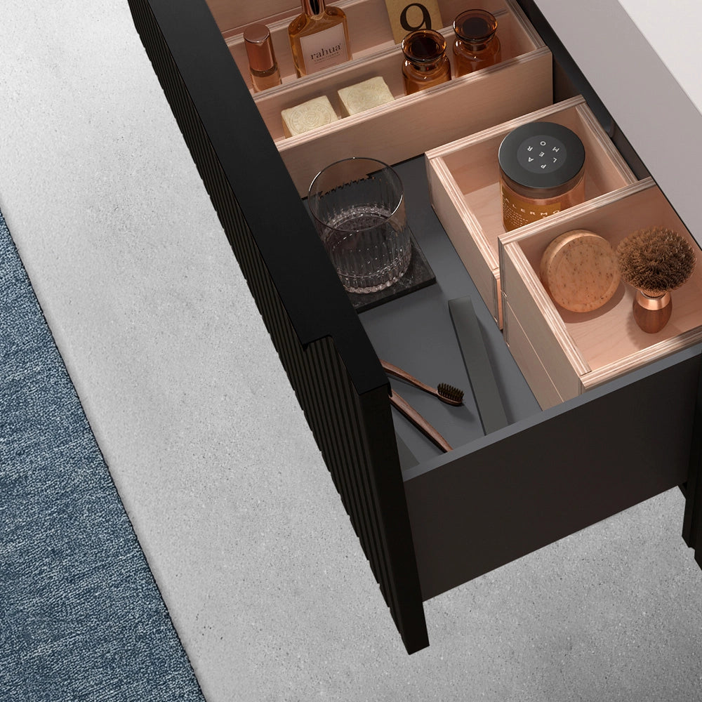 Mobile bagno sospeso 80 cm nero opaco cannettato con cassetto e lavabo Nara