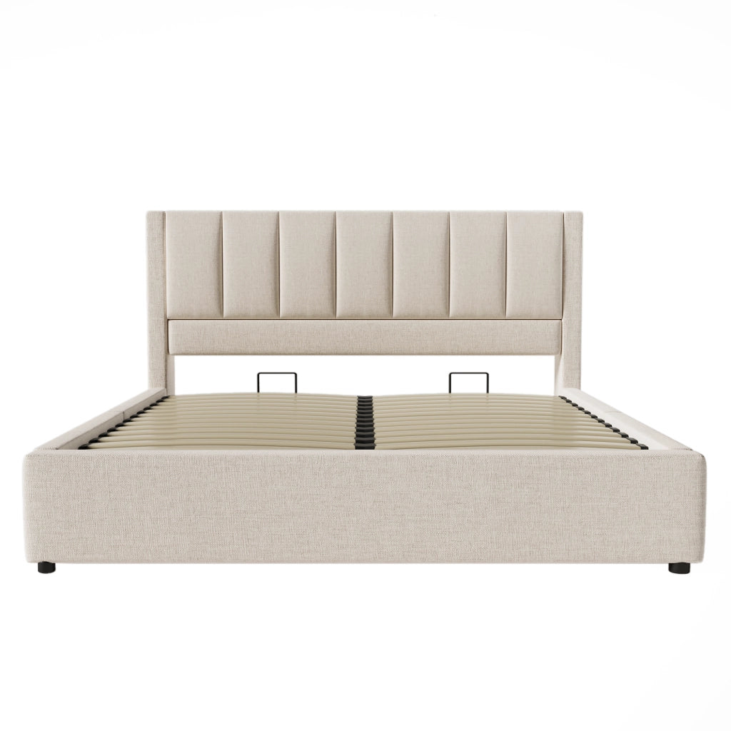 Letti contenitori 140x200 cm con porta bicchieri e presa di ricarica; lino beige (Senza materasso)
