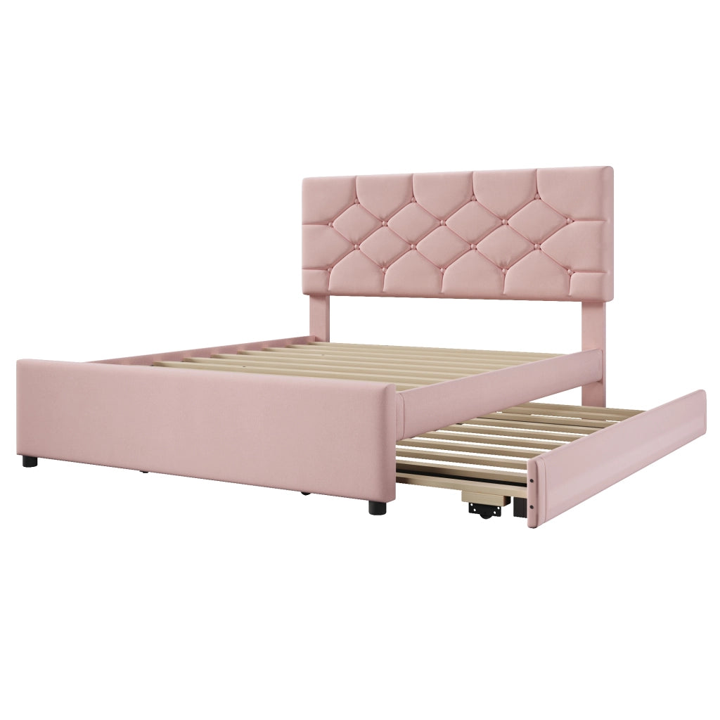 Letto imbottito 140x200 cm in velluto rosa con rete a doghe e letto estraibile, stile minimal