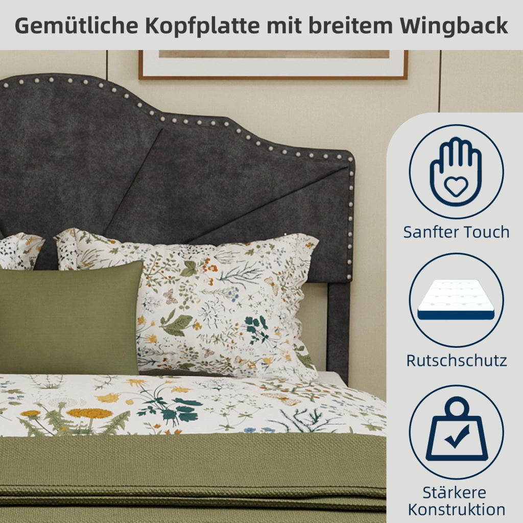 Letto Matrimoniale 160x200 cm con Testiera Geometrica; in Tessuto e Metallo; Grigio