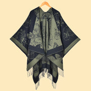 Elegante scialle caldo double-face con frange floreali e spacco laterale