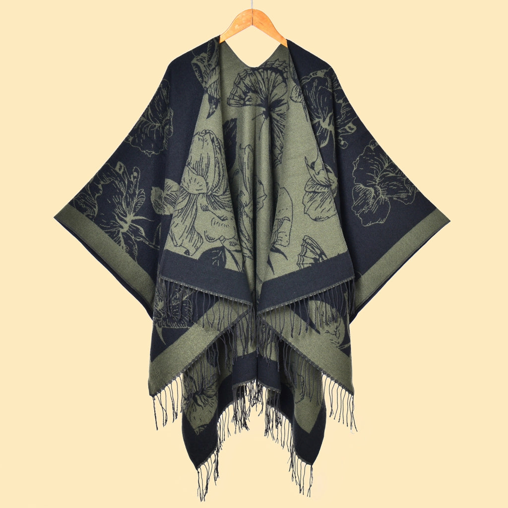 Elegante scialle caldo double-face con frange floreali e spacco laterale