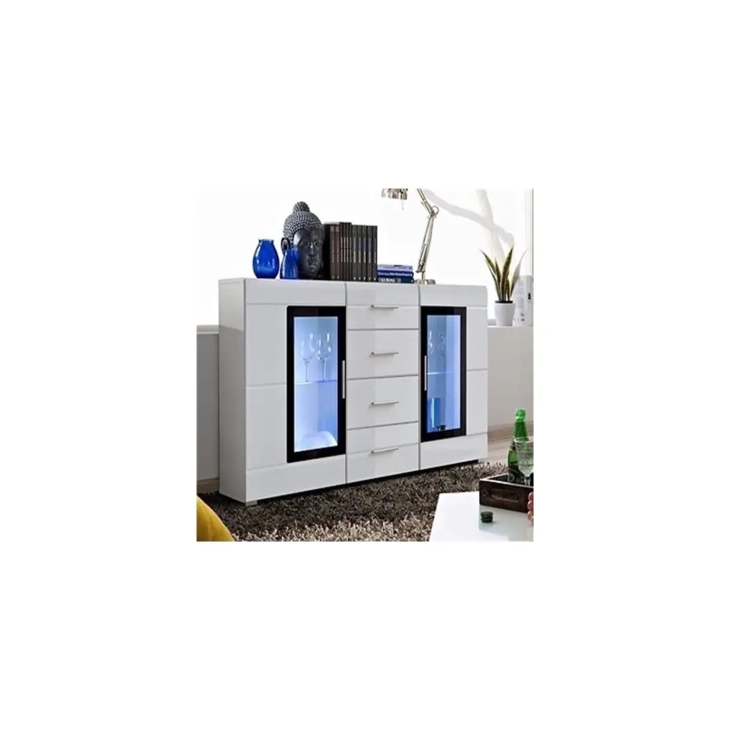 Buffet KRONI con Illuminazione LED - 4 Cassetti e 2 Porte in Vetro - Bianco Opaco e Lucido - 150 x 82 x 40 cm