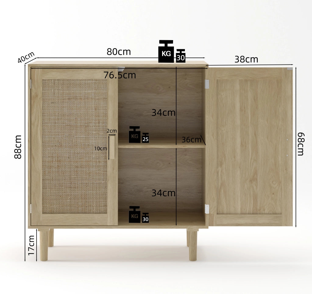 Credenza a 2 ante in rattan e MDF con maniglie in legno, per soggiorno e ingresso, naturale, 80 × 40 × 88 cm