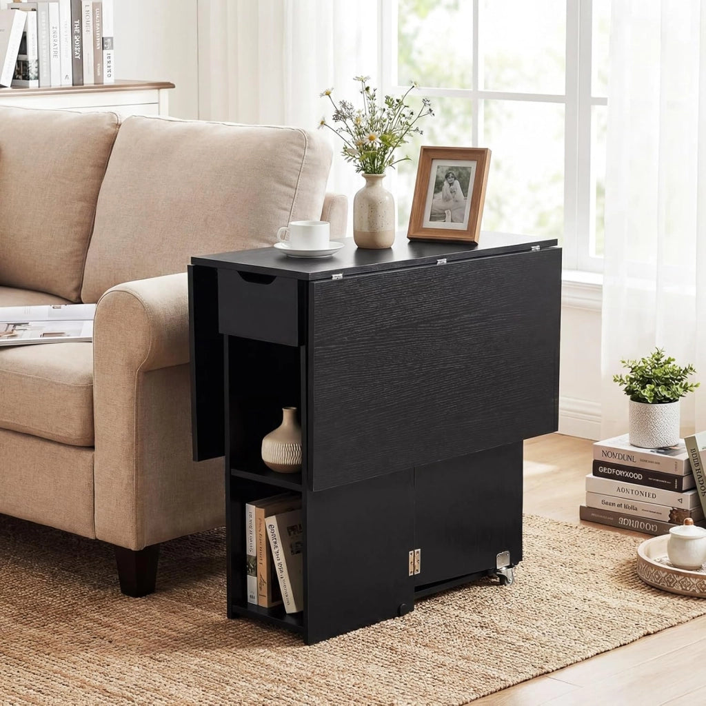 Tavolo da Pranzo Pieghevole, Tavolo Salvaspazio per 4-6 Persone con 2 Ripiani, Cassetto e Ruote a Freno, Tavolino Cucina per Cucina, Soggiorno e Ufficio, 120 x 72 x 75 cm (Nero)