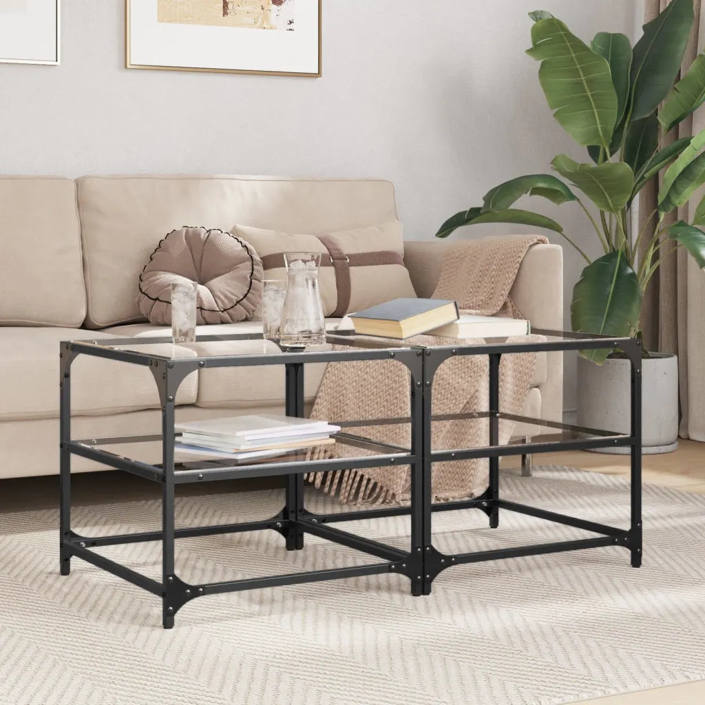 Tavolino Salotto con Piano Vetro Trasparente-Tavolino da soggiorno 50x50x45cm Acciaio