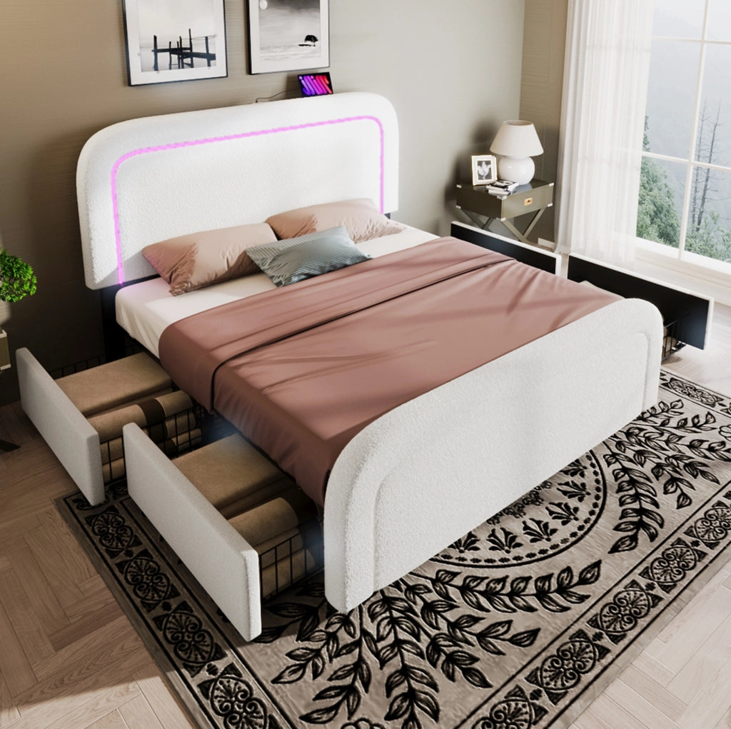 Letto matrimoniale 160x200 cm Sherpa bianco con 4 cassetti