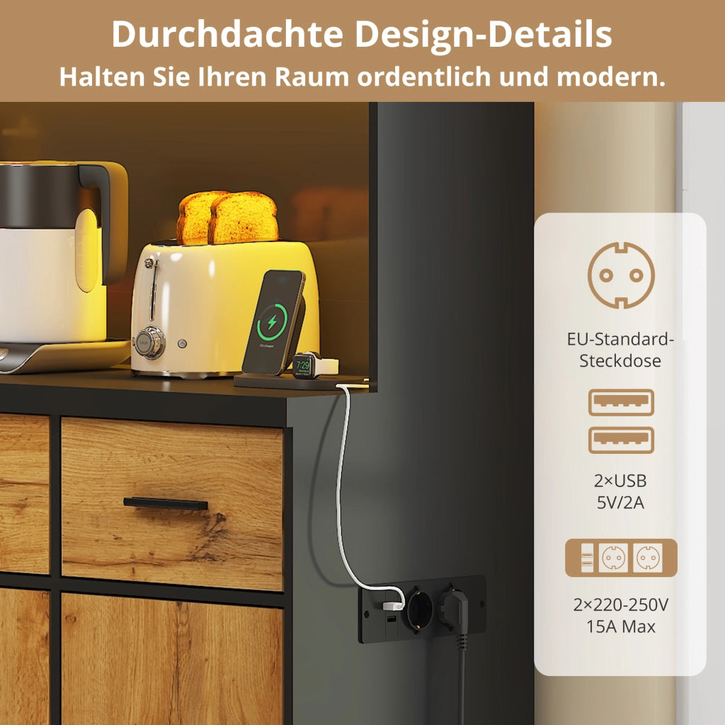 Credenza alta da cucina con 3 cassetti, 6 ante, ripiani regolabili, LED e prese USB, 100 × 40 × 180 cm