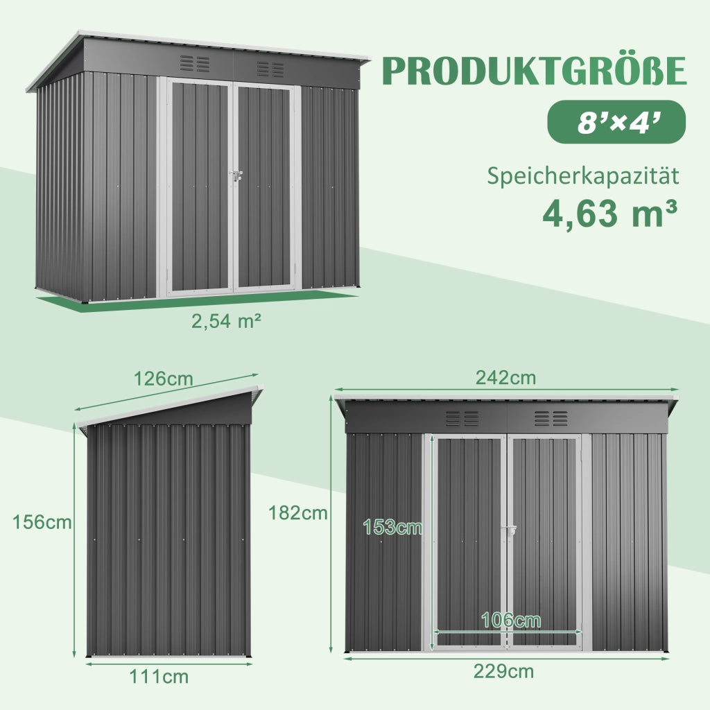 Casetta da giardino con porta con serratura e 2 griglie di aerazione in acciaio zincato grigio 242 × 126 × 182 cm