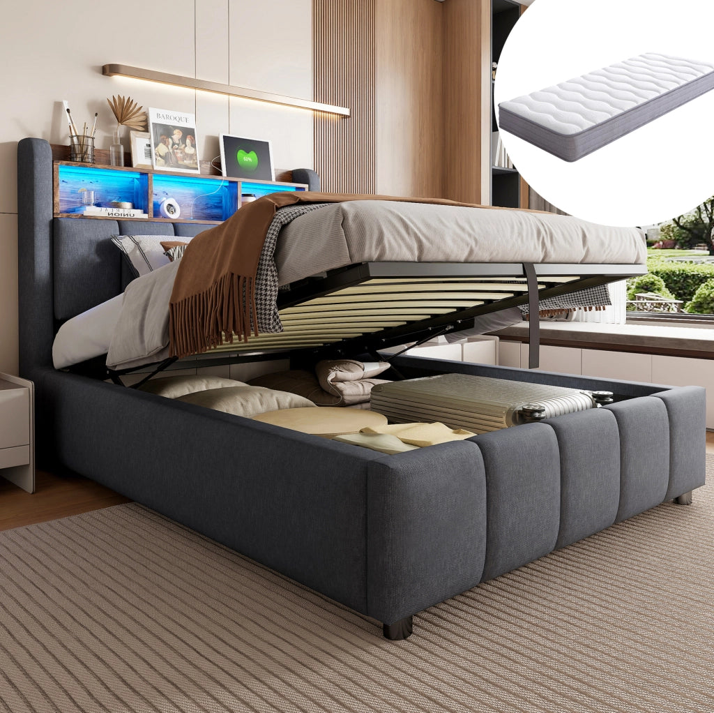 Letto imbottito 90x200 cm con LED; USB e vano contenitore; grigio; con materasso