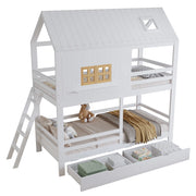 Letto a Castello 90x200 cm - con 2 Cassetti; Finestre e Tetto - Bianco Naturale