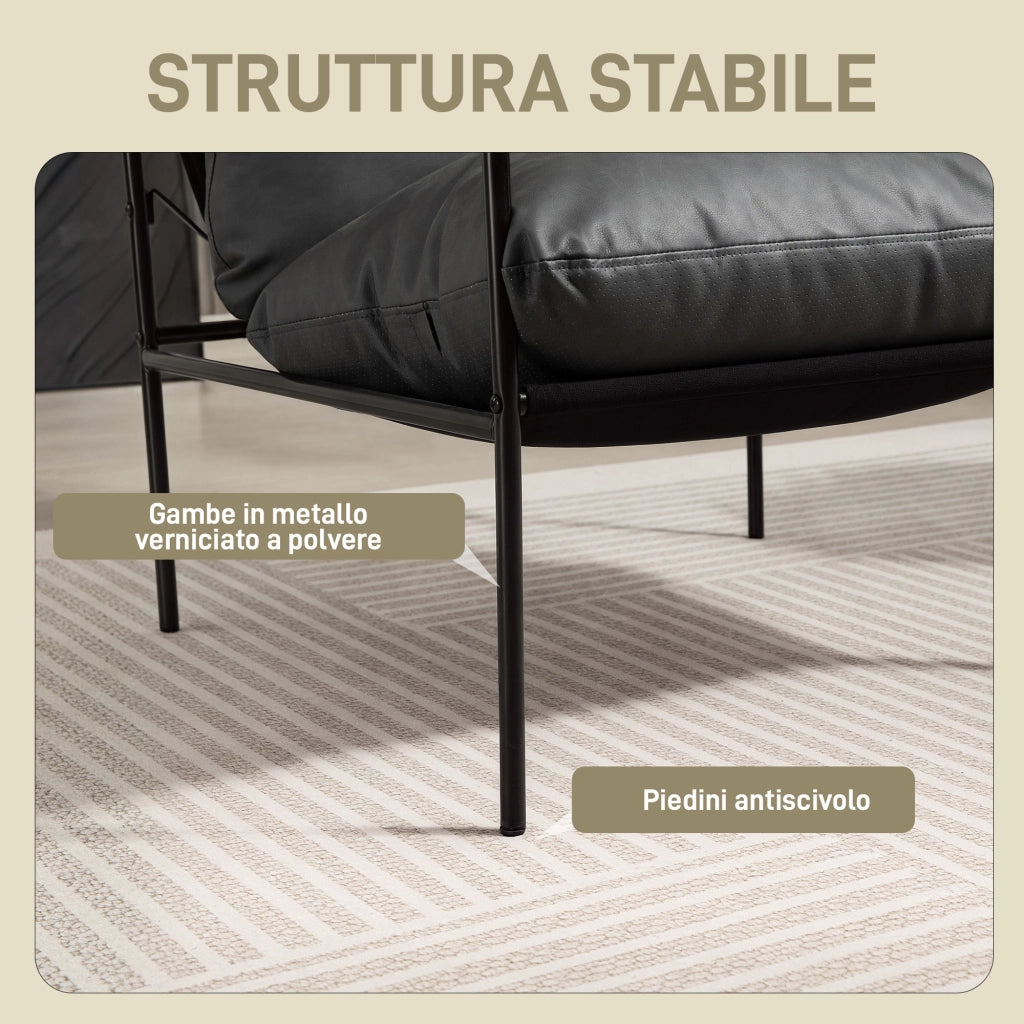 Poltrona da Salotto in Pelle PU e Telaio in Metallo con Cuscini Spessi, 74.5x75x77 cm, Grigio Carbone