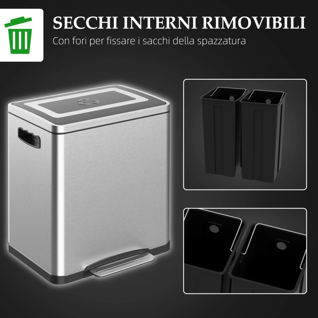 Bidone Immondizia a 2 Sezioni con Pedale ¨C Zephmum ¨C Acciaio Inox e PP, 40x34.8x47.5 cm