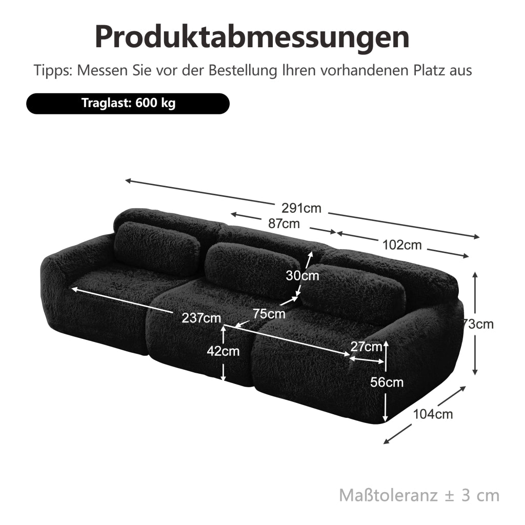 Divano Modulare Profondo a 3 Posti con Seduta Ampia, Supporto Ergonomico, senza Montaggio, in Peluche Nero