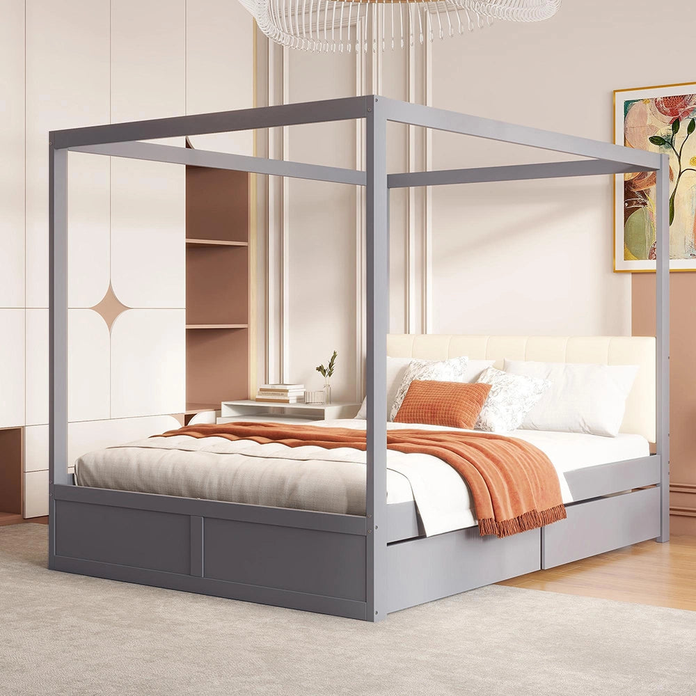 Letto-Xylo-140x200 cm-4 cassetti, testiera imbottita, legno, grigio