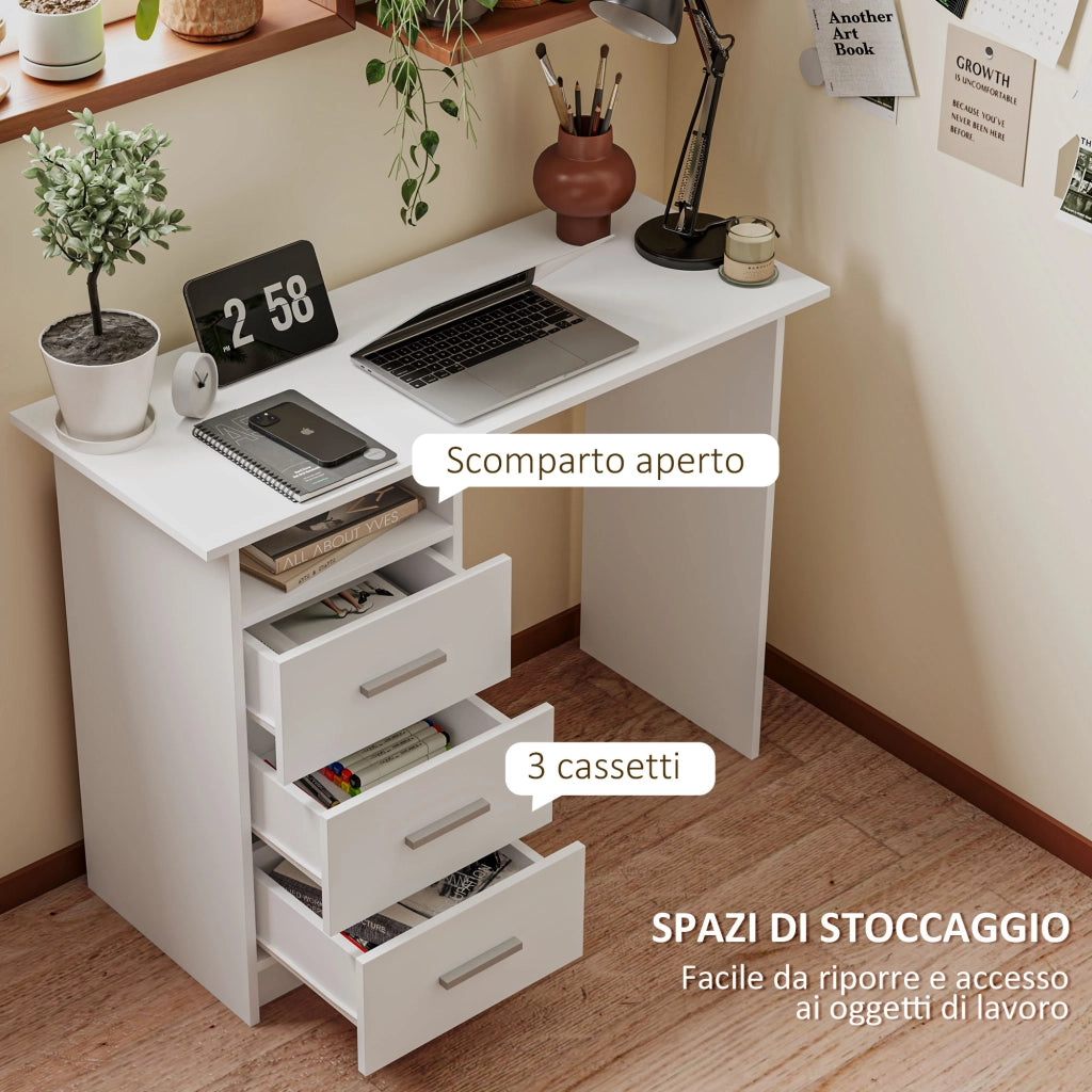Scrivania Moderna in Legno con 3 Cassetti e Ripiano Aperto ¨C zephmum ¨C Bianco e Marrone 100x40x75 cm