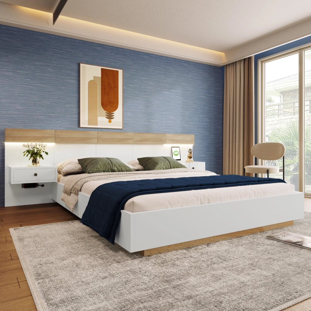Letto Matrimoniale 160×200 cm; 2 Posti con 2 Comodini LED; USB; Tipo C e Presa; senza Materasso