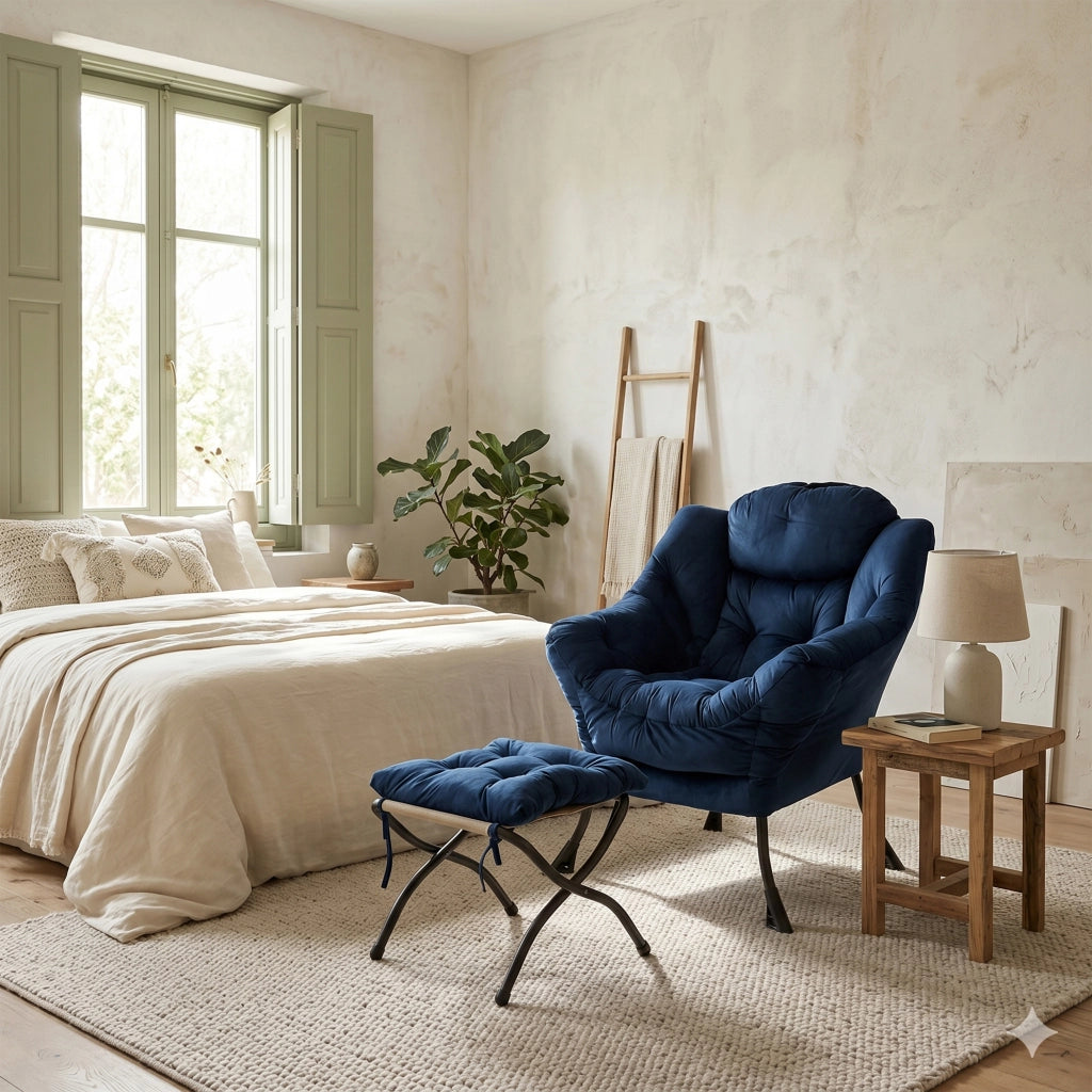 POLTRONA Relax con Pouf 70x77x20 cm Tessuto Blu Scuro