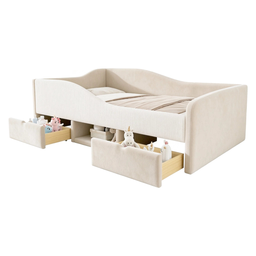 Letto imbottito per bambini 90 x 190 cm con cassetti e sponde; velluto beige