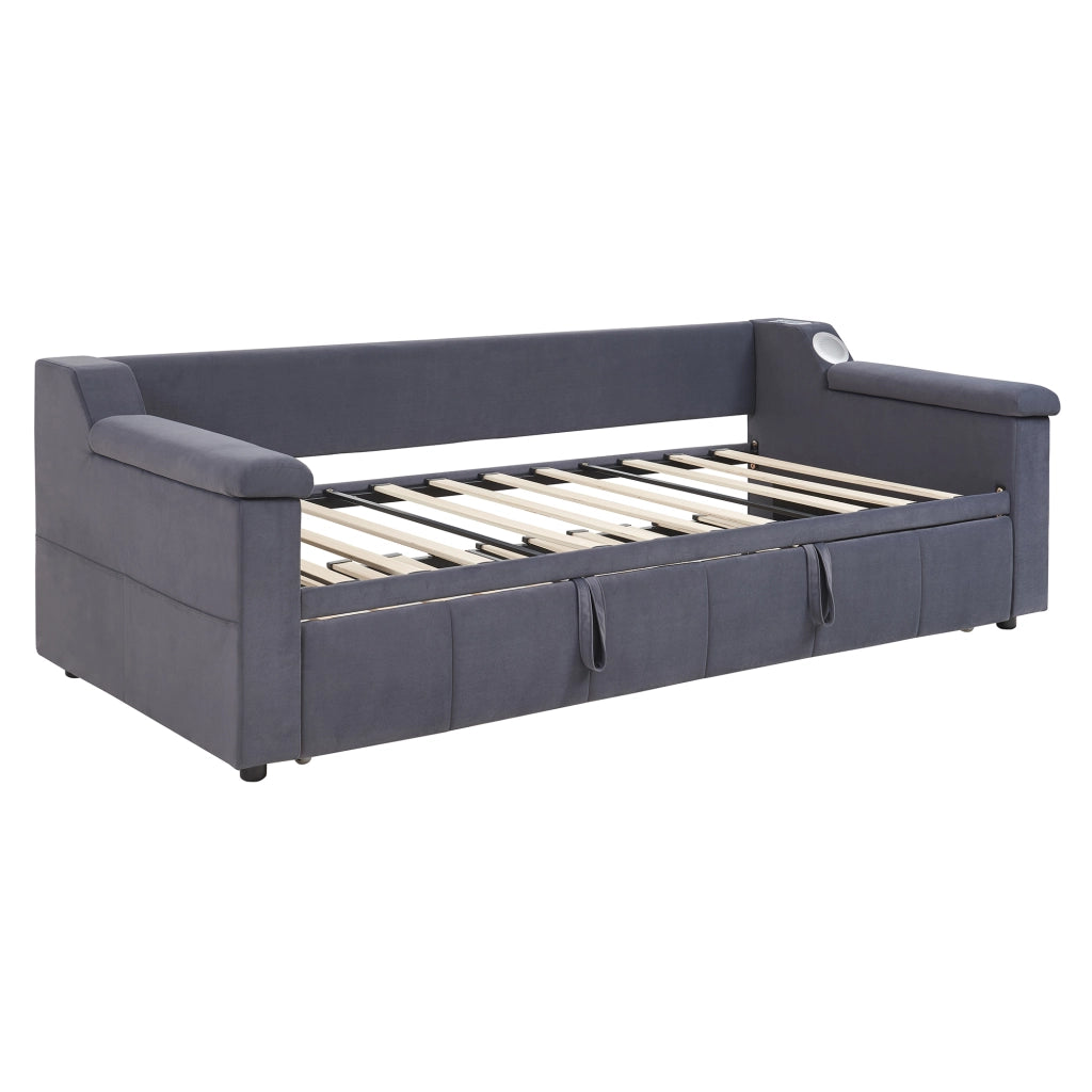 Divano letto imbottito 90/180x190 cm con Bluetooth; USB e vani contenitore; grigio