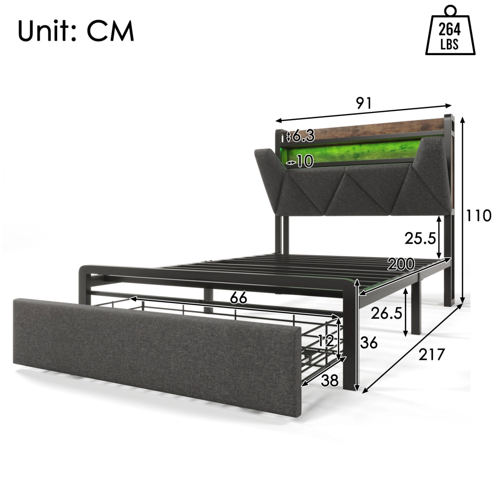 Letto singolo 90x200 cm con LED; USB C e testiera contenitore con cassetto; tessuto di lino grigio