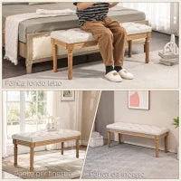 Panca Fondoletto Imbottita con Seduta Trapuntata a Bottoni in Tessuto e Legno, 120x41x48cm, Crema