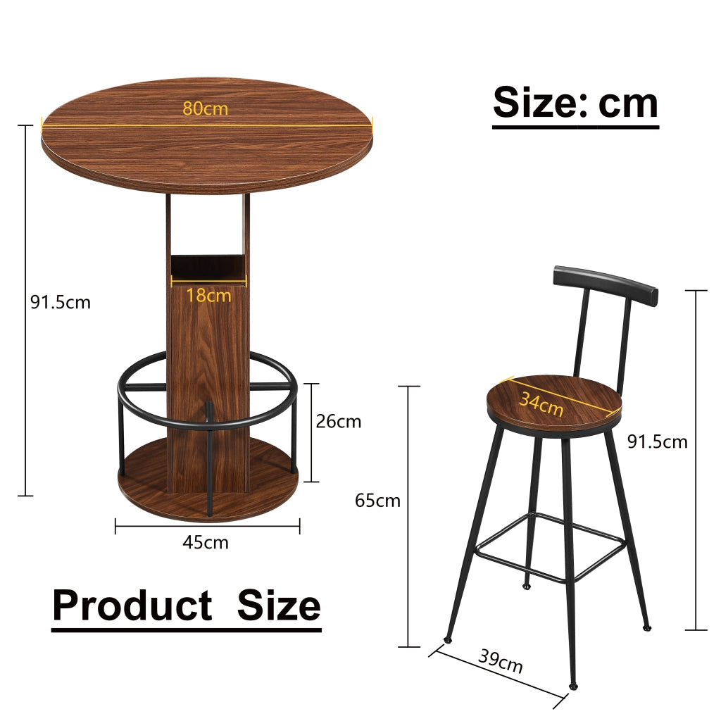 Set Tavolo Rotondo e 2 Sgabelli da Bar ¨C Xylo ¨C Legno e Metallo, Noce