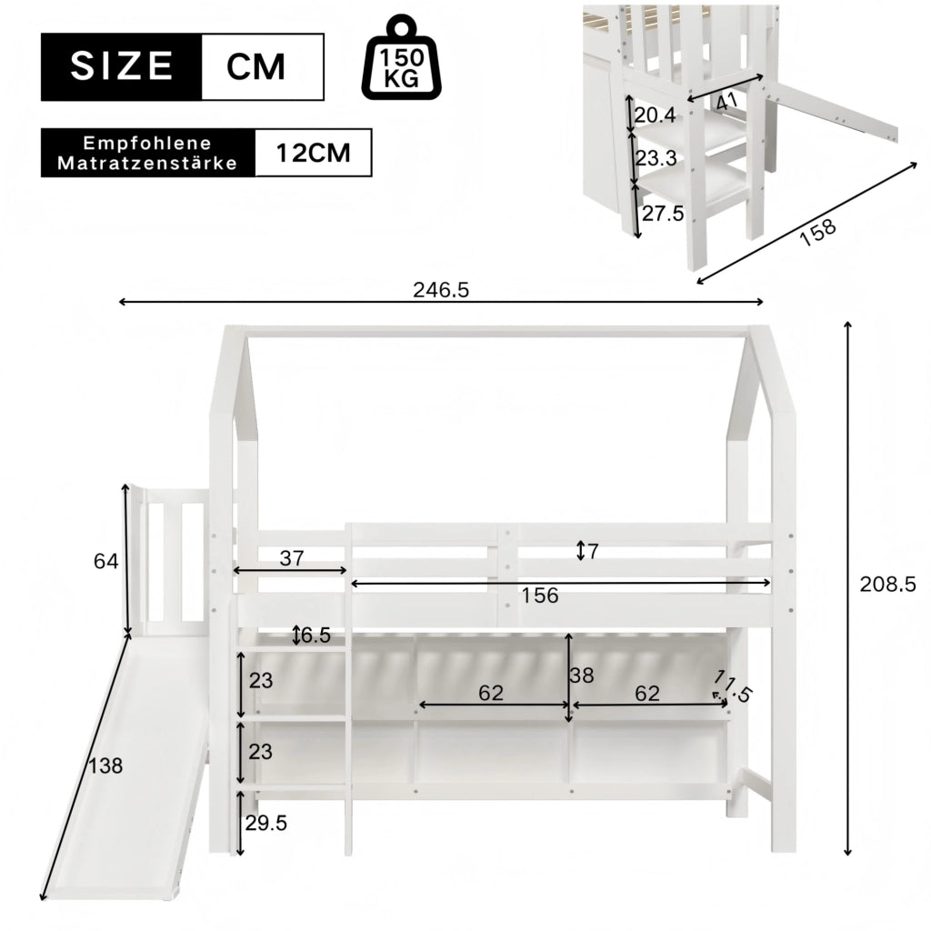 Letto singolo per bambini 90x200 cm con scivolo; scale; armadietti e scaffale in legno e MDF; bianco