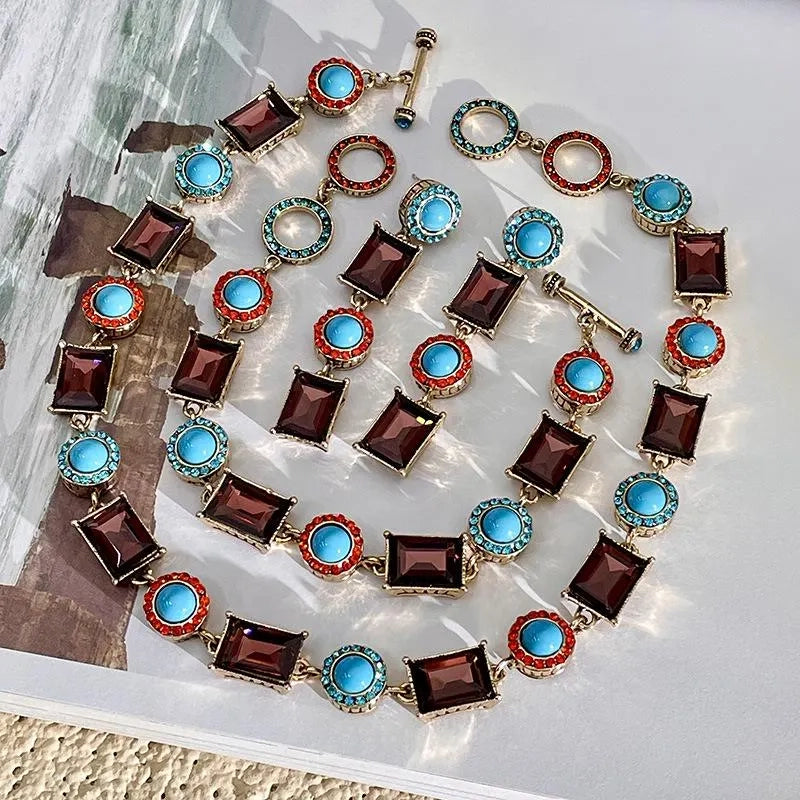 Collana e bracciale vintage turchese fatti a mano, set retr¨° esagerato da donna, orecchini combinati, gioielli in stile nazionale