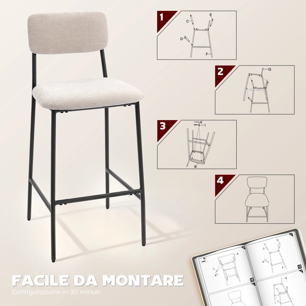 Sgabelli da Bar con Schienale Alto e Rivestimento in Ciniglia ¨C Zephmum ¨C Crema