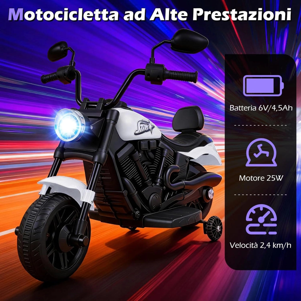Moto Elettrica per Bambini, 6V Moto Cavalcabile con 2 Ruote di Supporto, Pedale, Fari e Musica, 2,4 km/h, per Bambini 3 Anni+, 79x58x56 cm (Bianco)