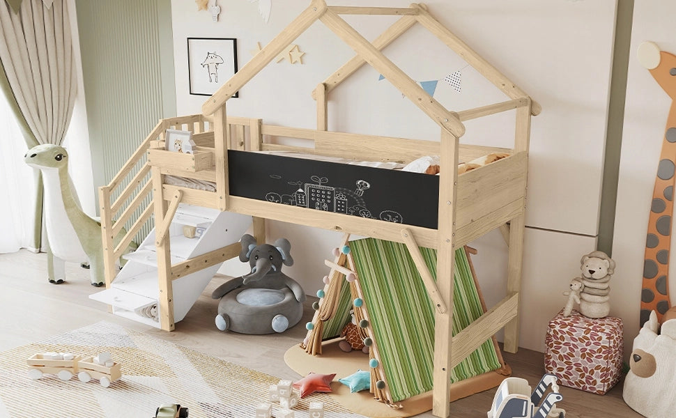 Letto a castello 90x200 - Xylo - Bianco-naturale con barriere e lavagna