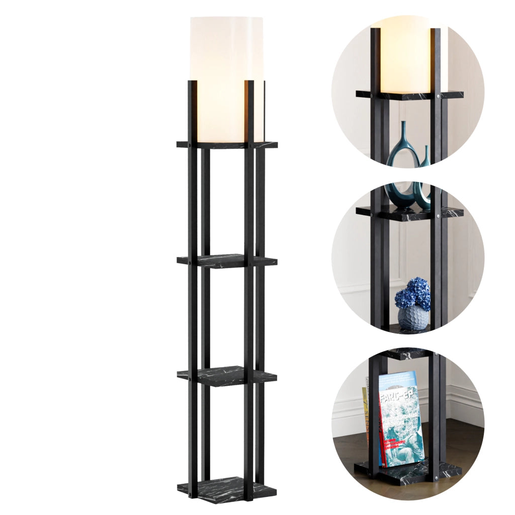 Lampada a Mobiletto Stourbridge Paralume Cilindrico Scaffale Nero / Effetto Marmo Nero - lux.pro