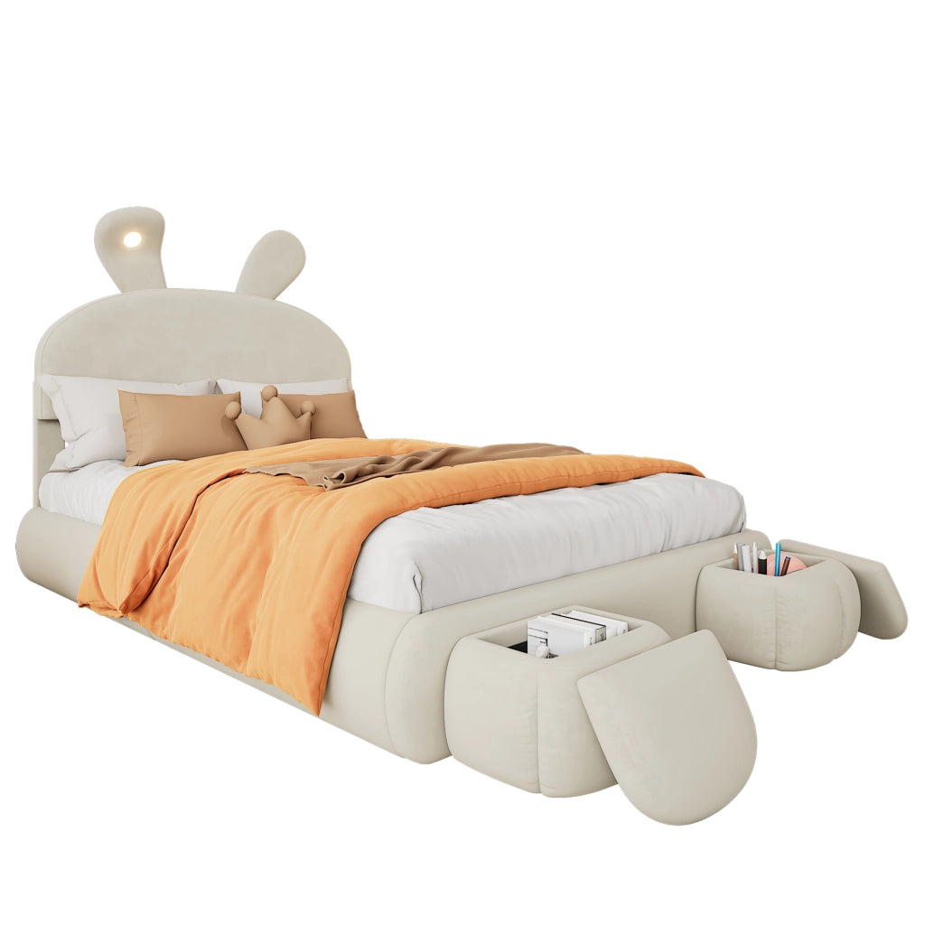 Letto imbottito con LED e contenitore beige 140x200 cm