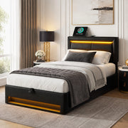 DESMIU Letto singolo 90 × 200 cm con USB, LED regolabile, vano contenitore e telecomando, senza materasso, in PU nero