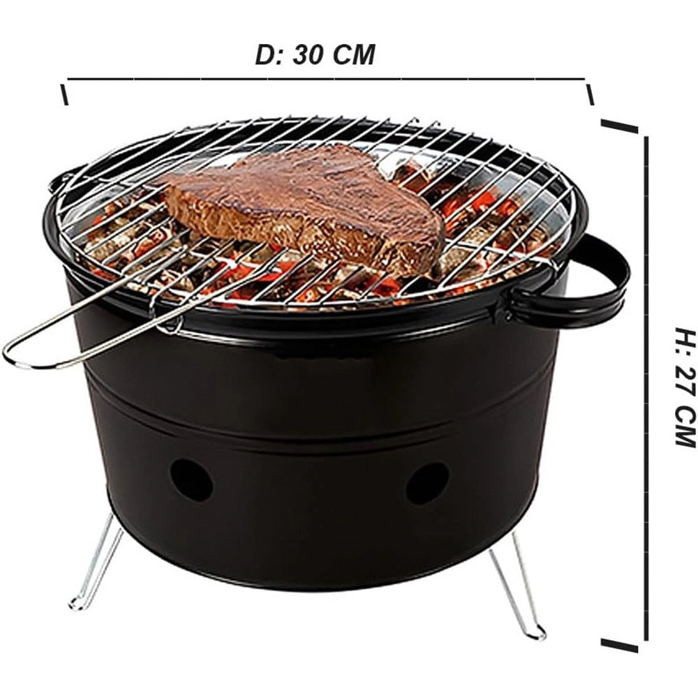 Trade Shop - Fornacella A Carbone Tonda Barbecue Portatile Ripiano Griglia Acciaio Cuoci Carne Pesce -