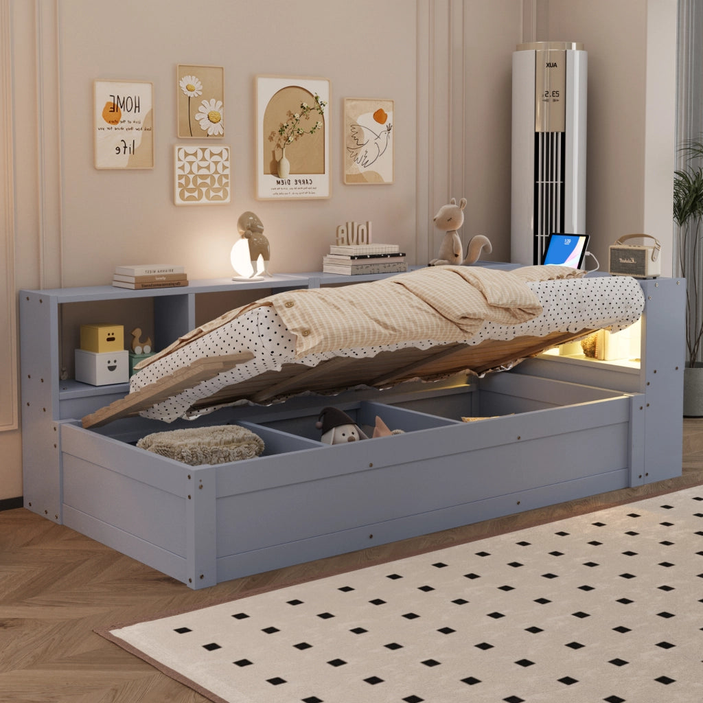 Letto divano singolo 90 × 200 cm con presa multifunzione, LED e contenitore idraulico, senza materasso, in MDF, grigio