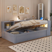 Letto divano singolo 90 × 200 cm con presa multifunzione, LED e contenitore idraulico, senza materasso, in MDF, grigio