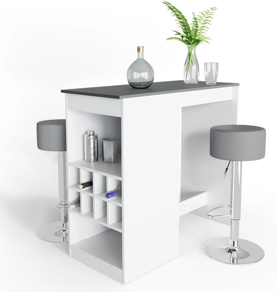 Tavolo bar con sgabelli Ross, Bianco/antracite, 115 x 50 cm con 2 sgabelli da bar, adatto come tavolo da pranzo o in piedi con vani a giorno