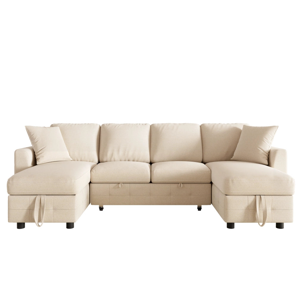 Divano letto a U ULEVR 260x128x82 cm estraibile con 2 chaise longue contenitore, USB e Type-C, beige