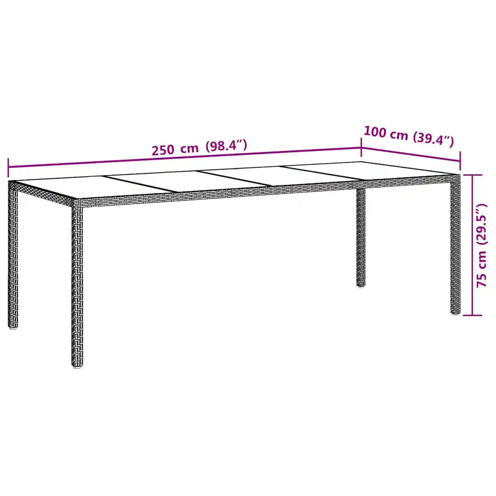 Tavolo Giardino Grigio 250x100x75cm Vetro Temperato Polyrattan 316727