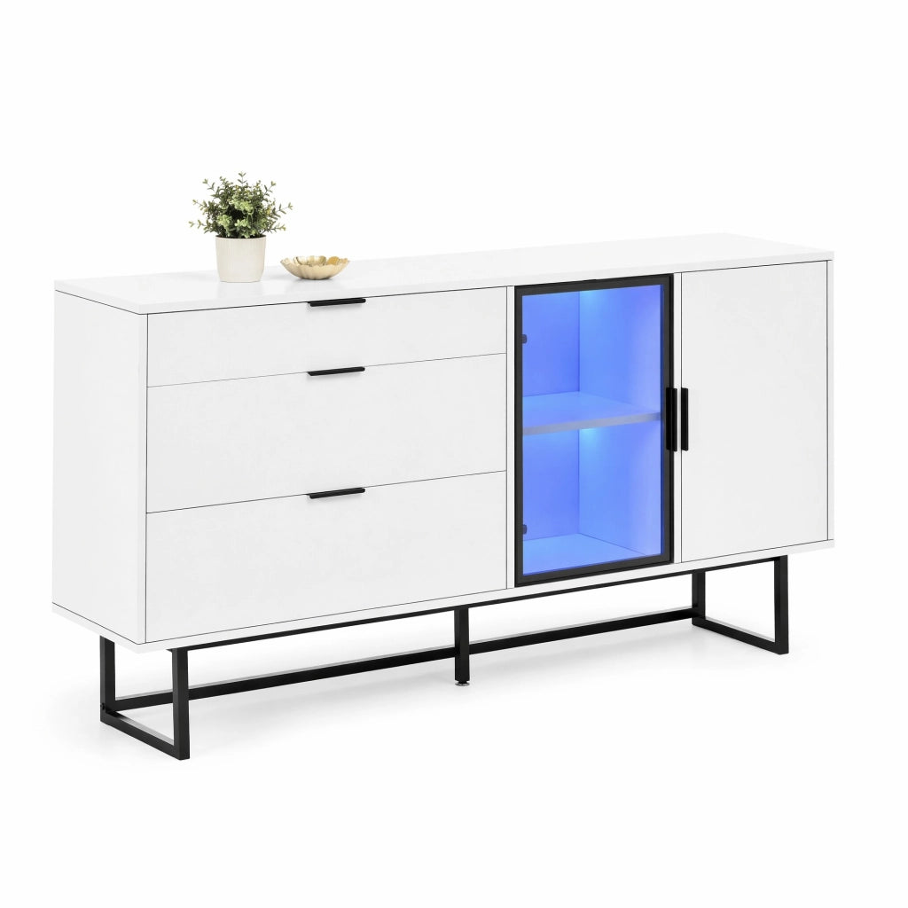 Sideboard moderno bianco 160x36x78 cm con LED; vetrina e tre cassetti
