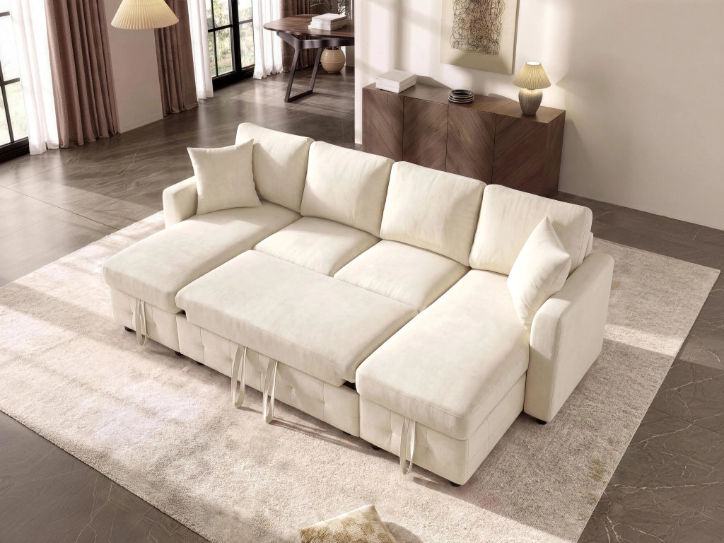 Divano angolare convertibile in ciniglia con letto estraibile e contenitore, USB, Type-C beige 260 × 128 × 82 cm