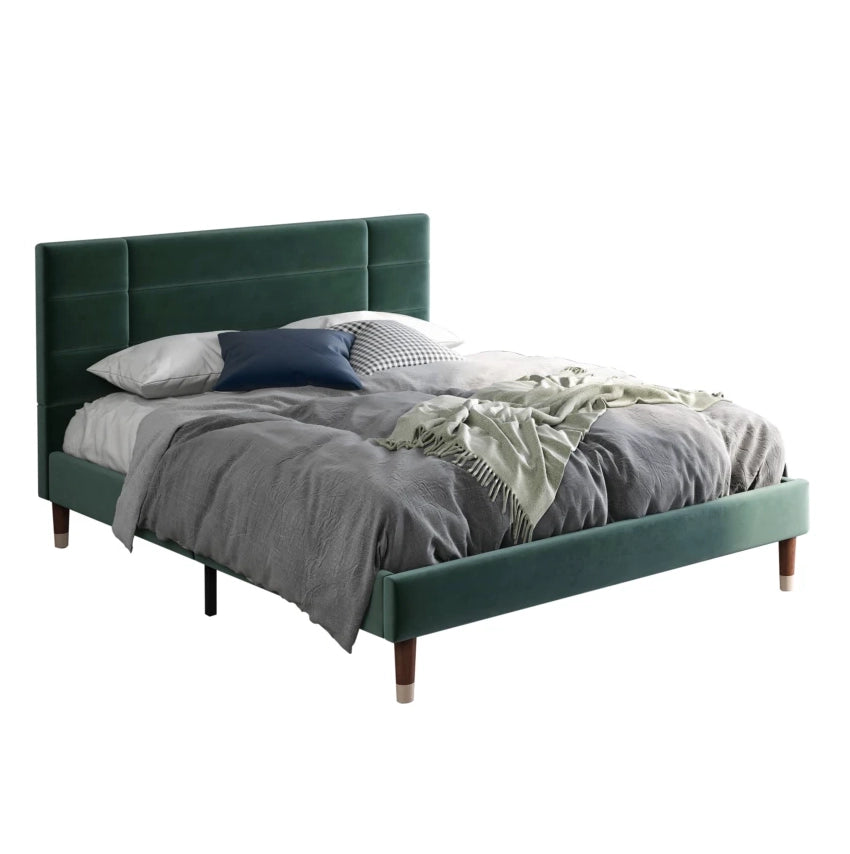 Letto matrimoniale 140x200 cm in velluto verde con rete a doghe e materasso 7 zone