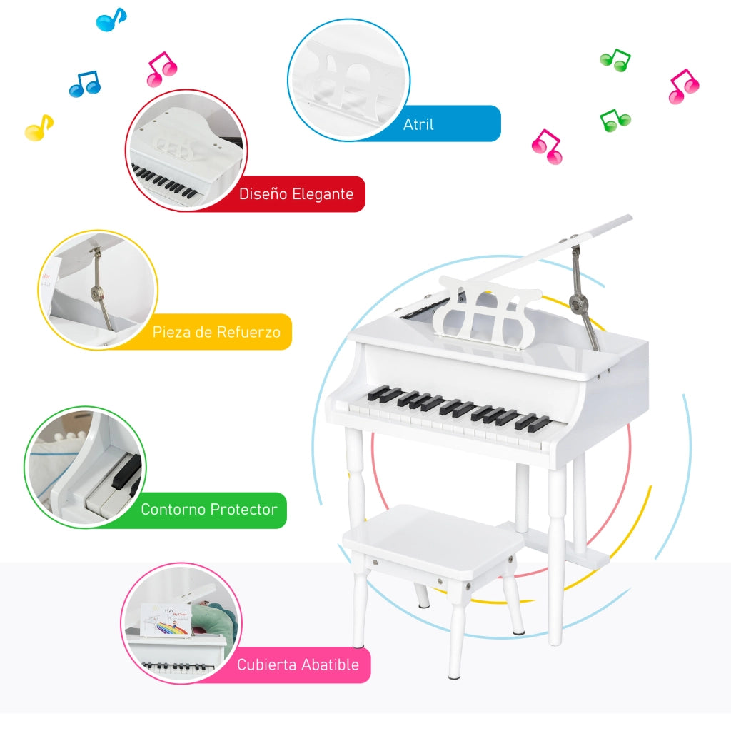 Piano per Bambini con Atril e Sgabello ¨C zephmum ¨C Bianco 52x50x49 cm