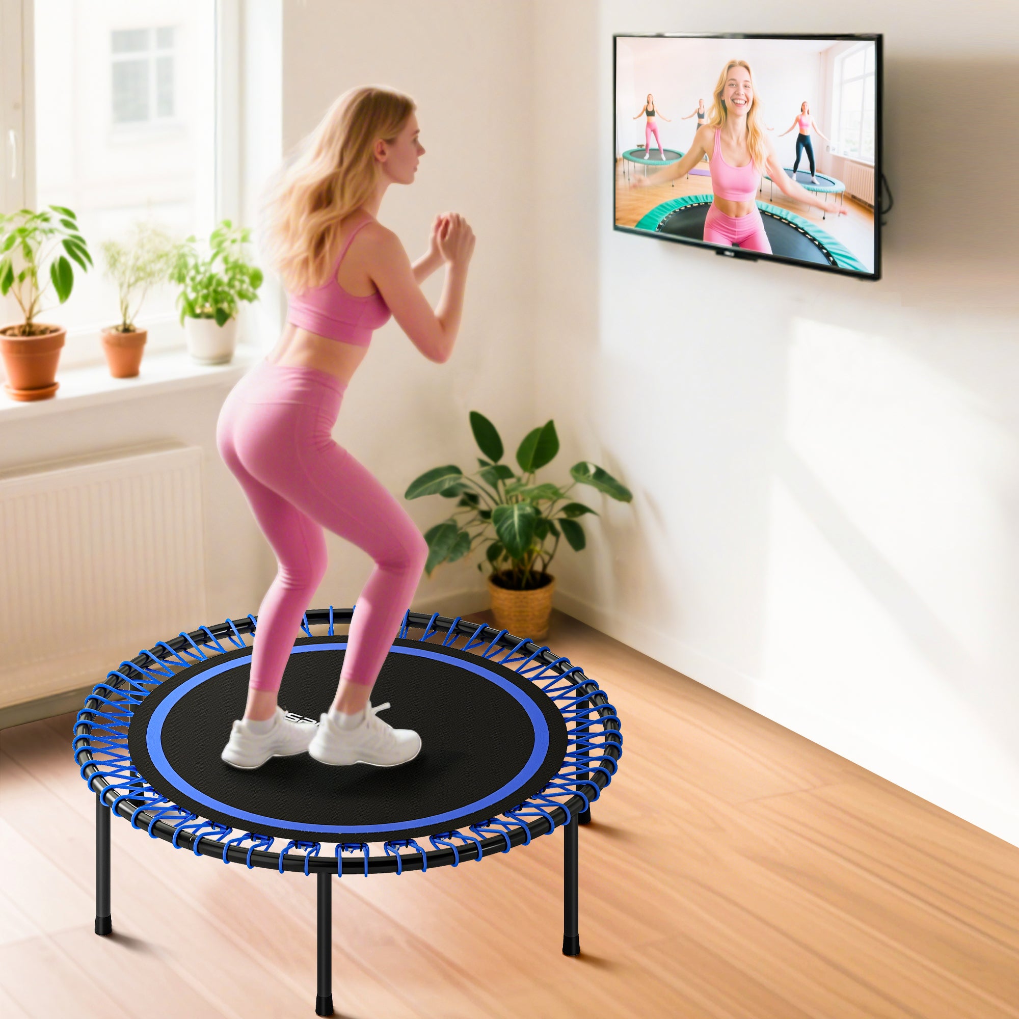 Trampolino Elastico Fitness Ø114x31 cm a 36 Corde in Acciaio e PP Blu