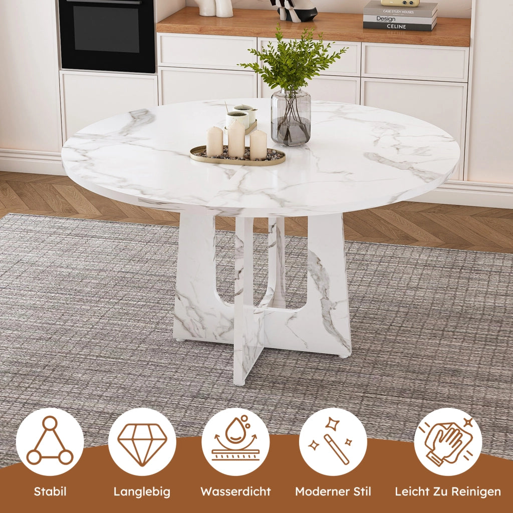 Tavolo da pranzo rotondo stabile in MDF con effetto marmo bianco per 4-6 persone per cucina e soggiorno Ø 120 × 76 cm
