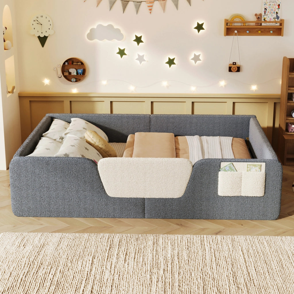 Letto imbottito 140x190 cm con sponde laterali rimovibili in velluto grigio