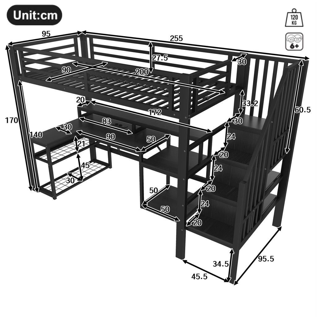 Letto a castello nero in metallo con funzione scrivania e illuminazione LED 90x200 cm