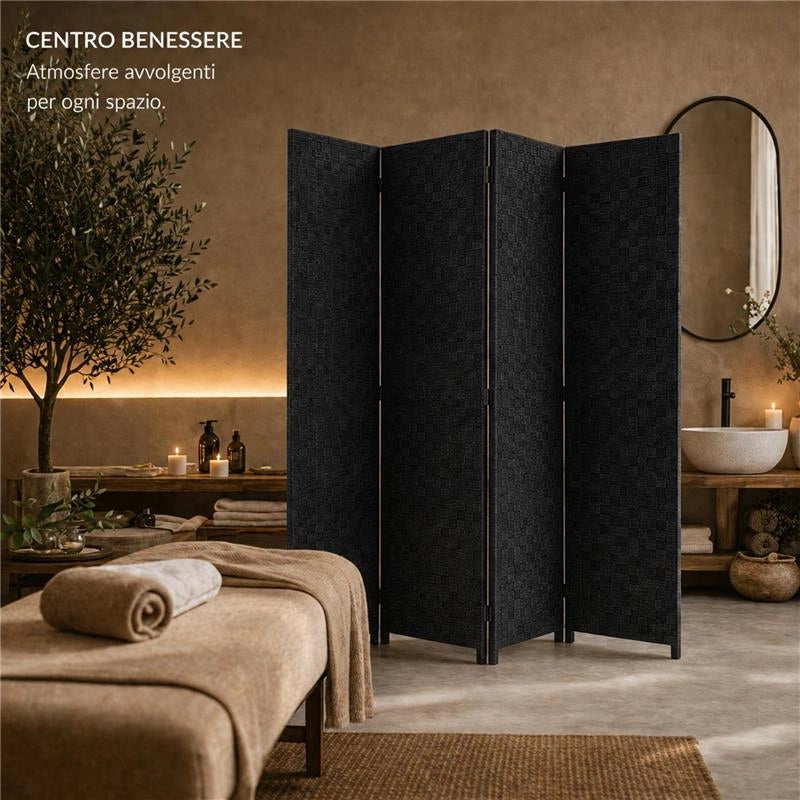 SEPARE' CON QUATTRO PANNELLI IN PLATICA NERO CON STRUTTURA IN LEGNO MISURE: 180X180CM